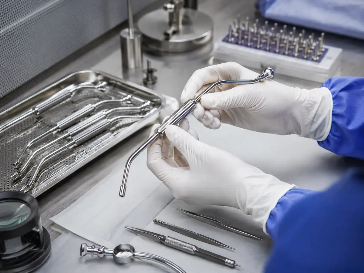 Gloved technician performing precision surgical instrument inspection and refurbishment